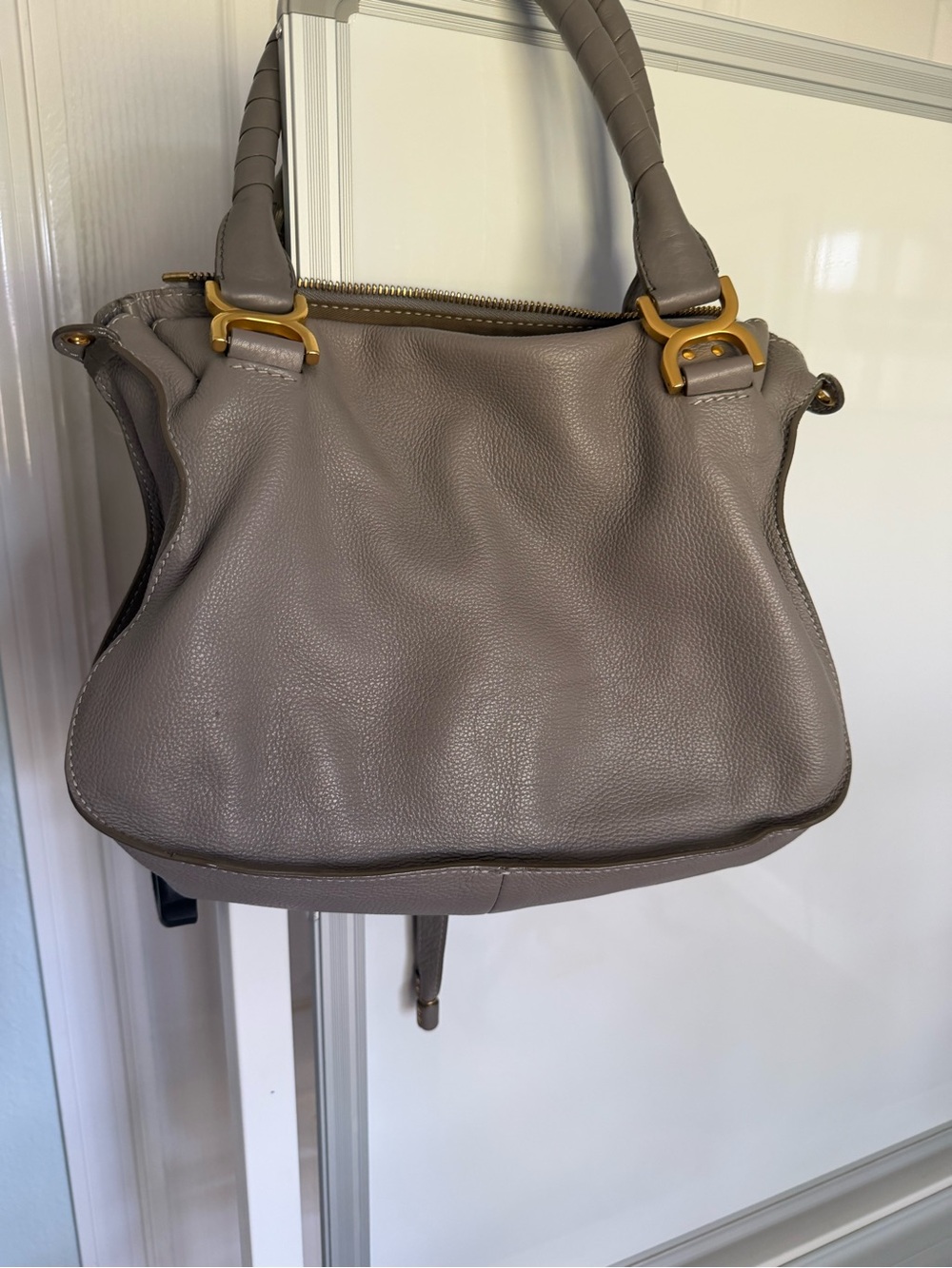 Chloe Marcie Taupe Pebbled Leather Satchel with Gold Hardware - Picture 14 of 16